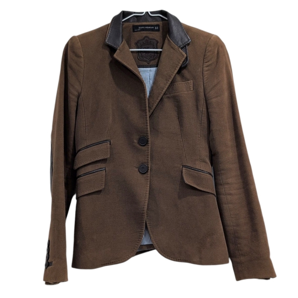 Zara Brown Blazer with Leather Trim Collar Xs